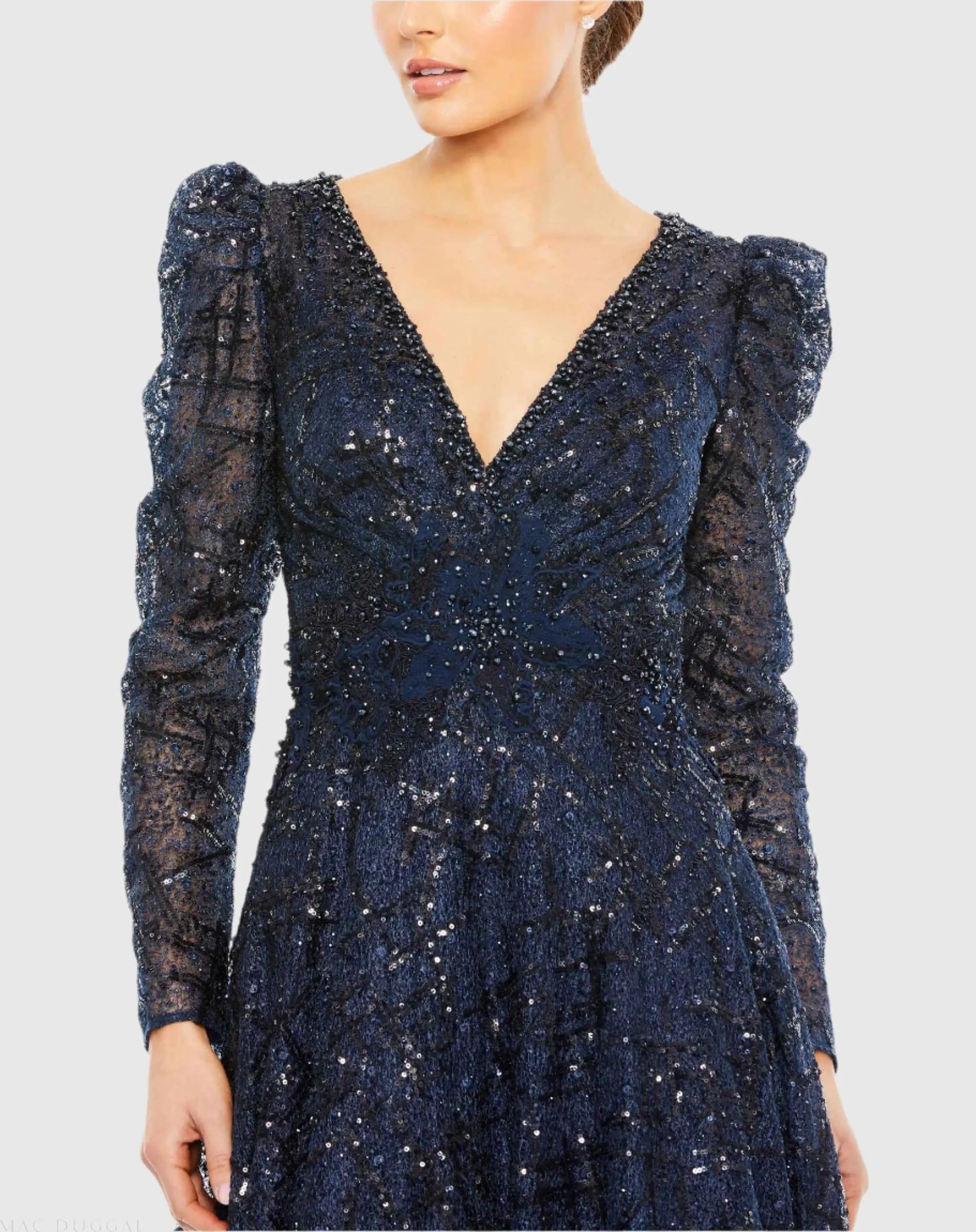 Navy Embellished V Neck Long Sleeve A Line Gown