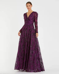 Dark Purple Embellished V Neck Long Sleeve A Line Gown