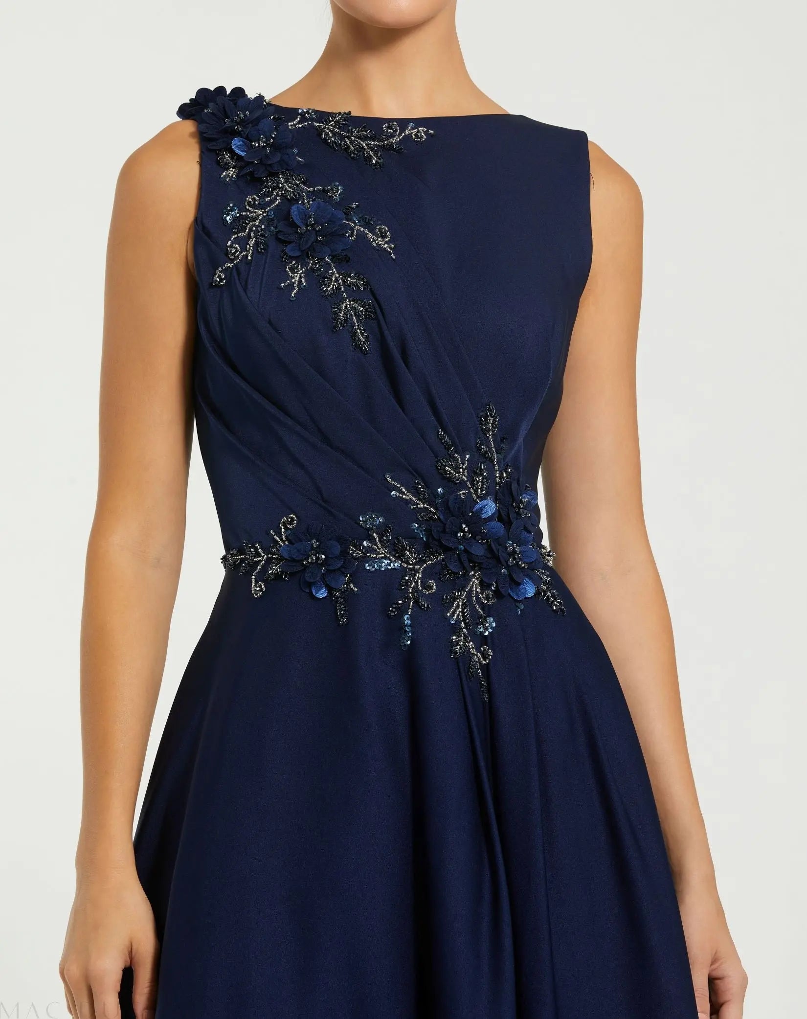 Navy Floral Applique Sleeveless A Line Gown