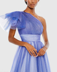Blue Glitter Ombre Ruffled One Shoulder Ball Gown - FINAL SALE