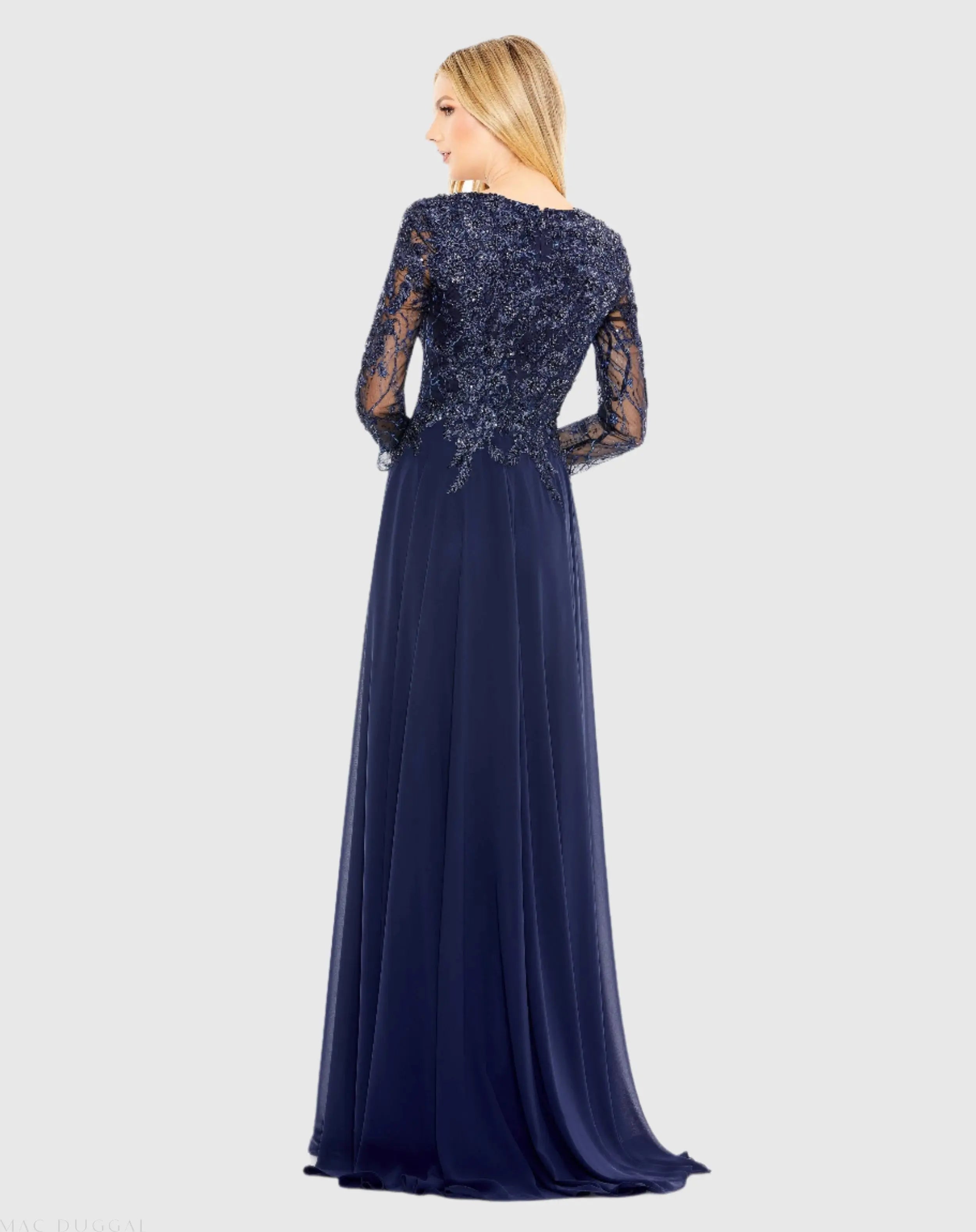 Blue Embellished Illusion V Neck Long Sleeve Gown