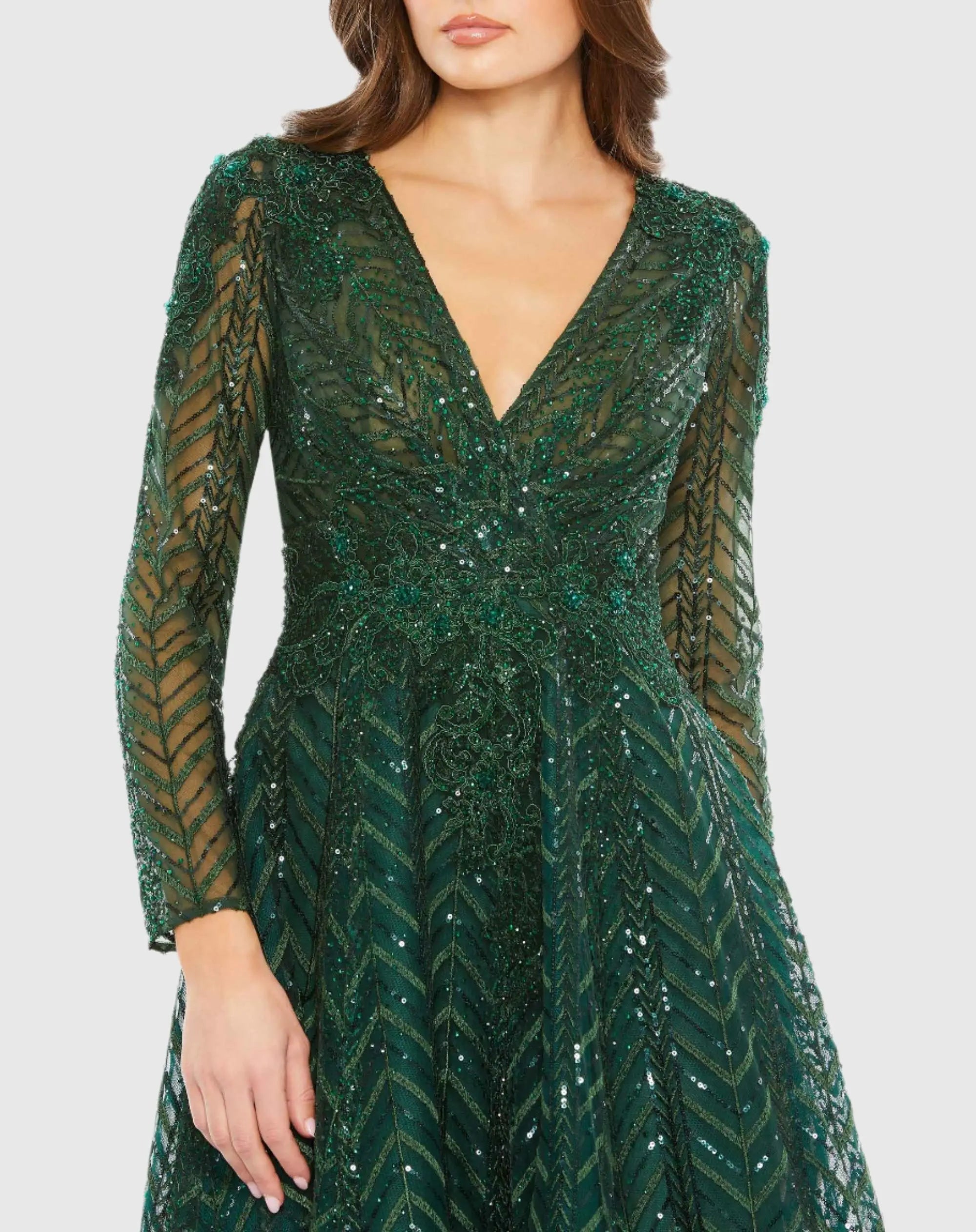 Green Embellished Long Sleeve Wrap Over Dress