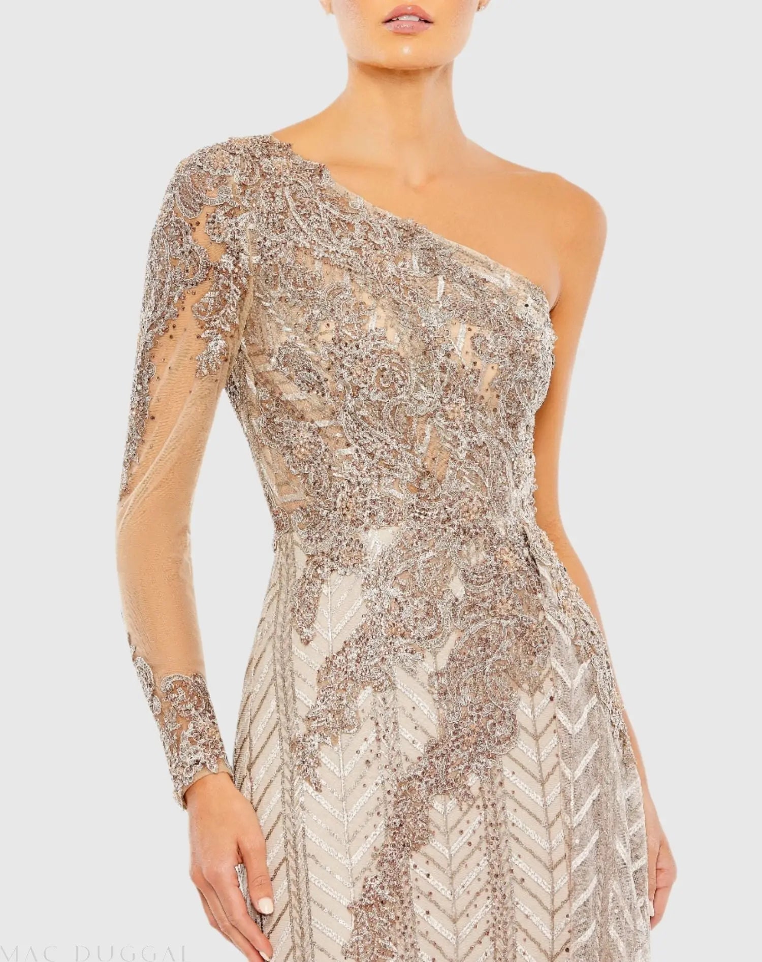 Beige Embellished One Shoulder A Line Gown