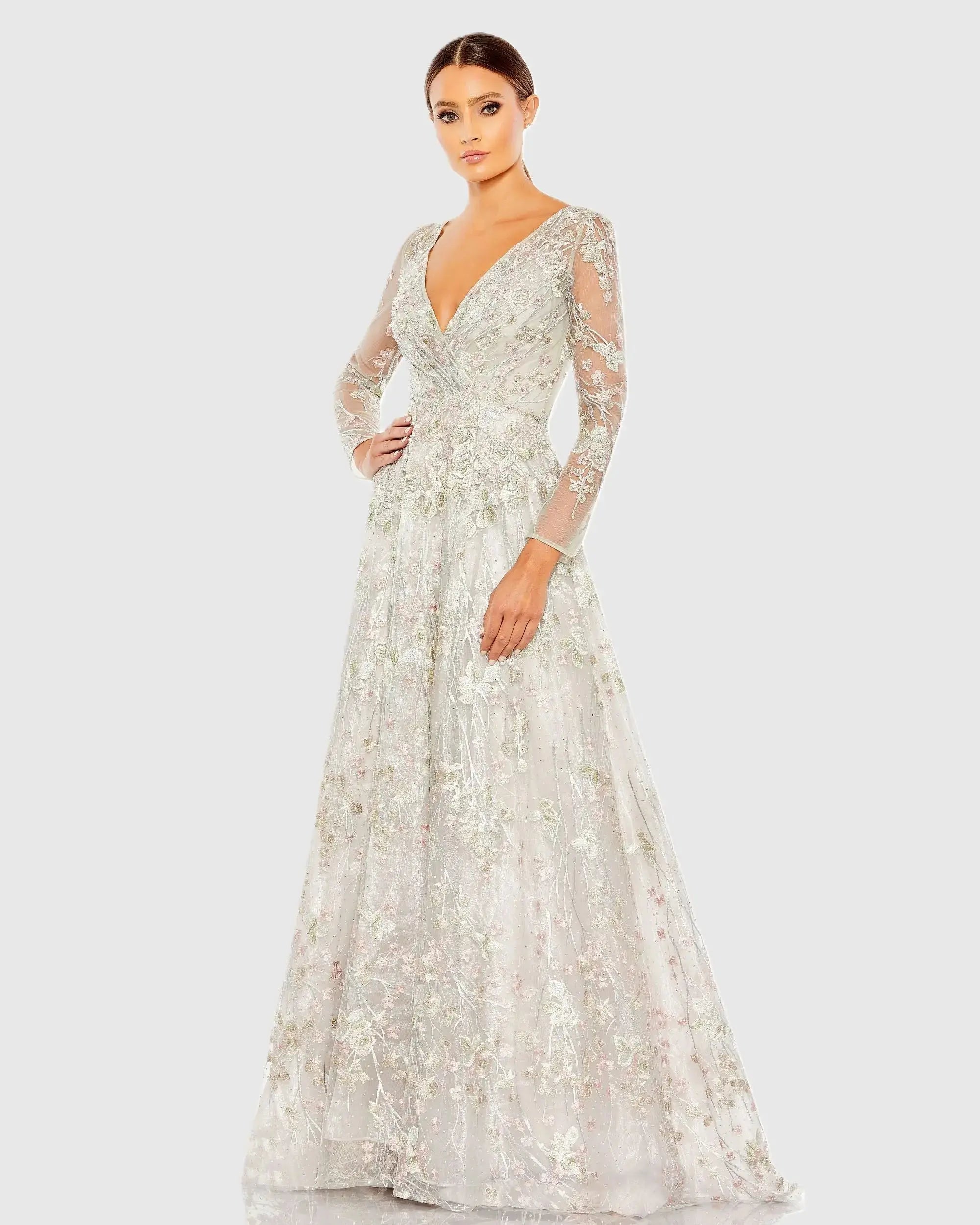 Embroidered Lace Wrap Over Illusion Long Sleeve A Line Gown