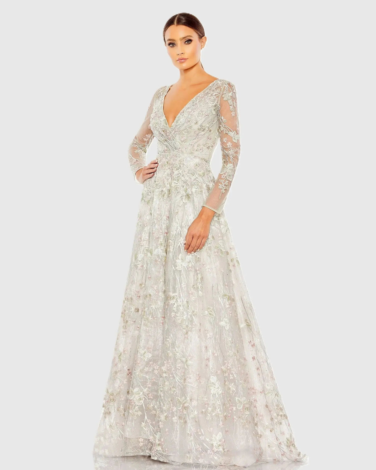 White Embroidered Lace Wrap Over Illusion Long Sleeve A Line Gown