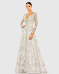 White Embroidered Lace Wrap Over Illusion Long Sleeve A Line Gown