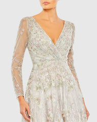 White Embroidered Lace Wrap Over Illusion Long Sleeve A Line Gown
