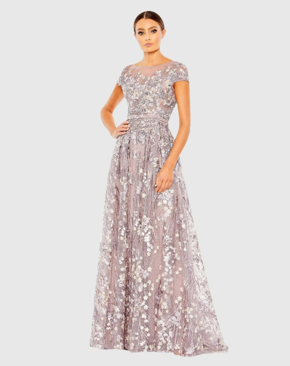 Light Purple Embellished Floral Cap Sleeve A Line Gown