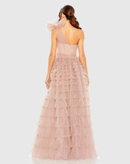 Pink One Shoulder Faux Bow Feather Tiered A Line Gown