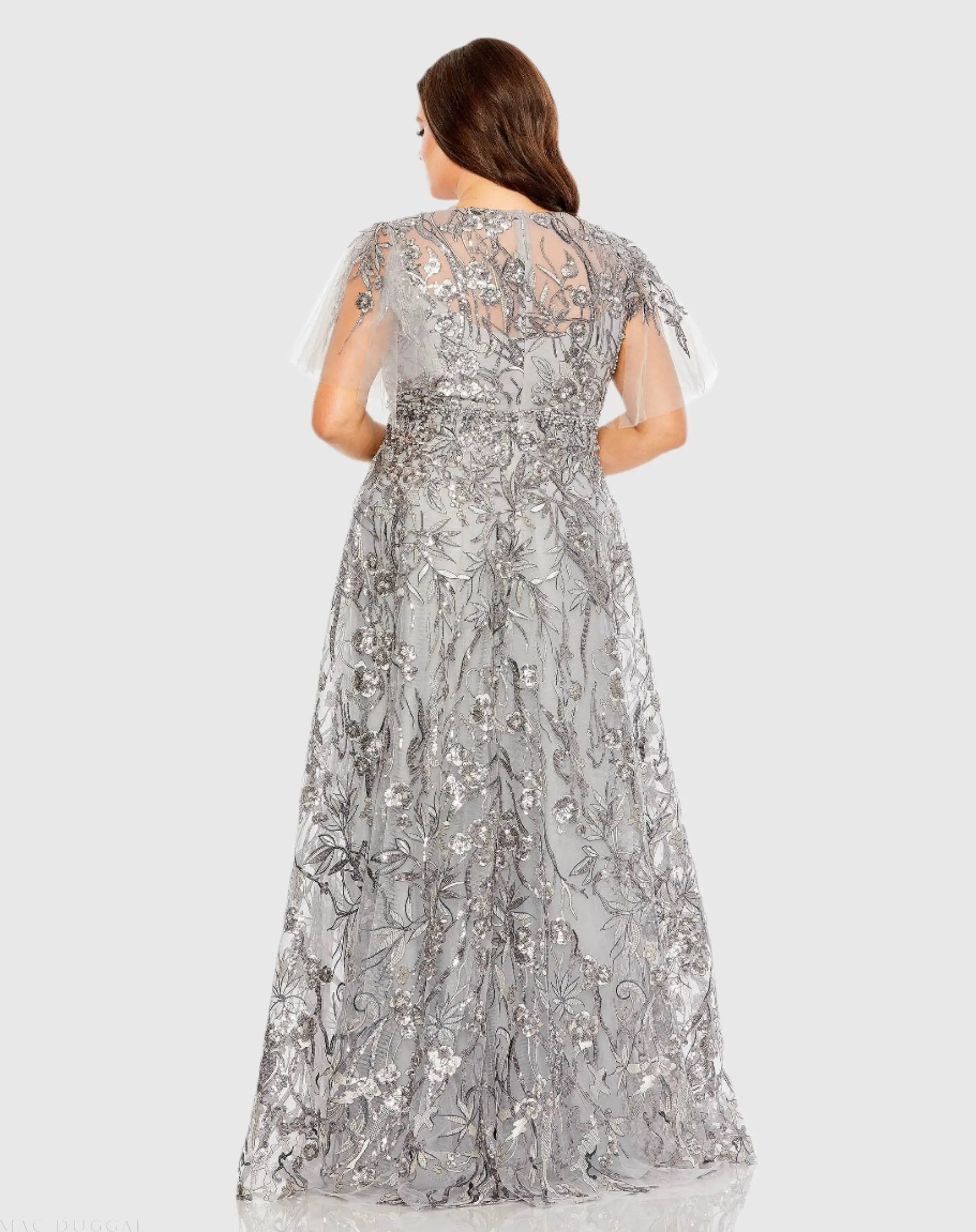 Silver High Neck Flutter Sleeve Embellished A-Line Gown (Plus)