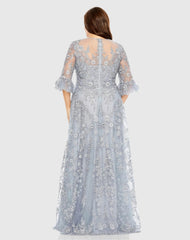 Blue High Neck Flutter Sleeve Embroidered A Line Gown (Plus)