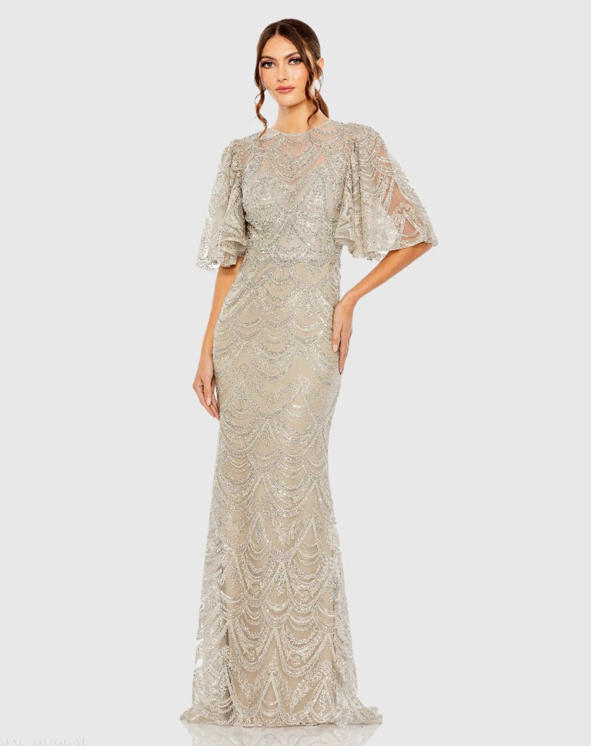 Beige and Silver Flutter Sleeve High Neck Gown