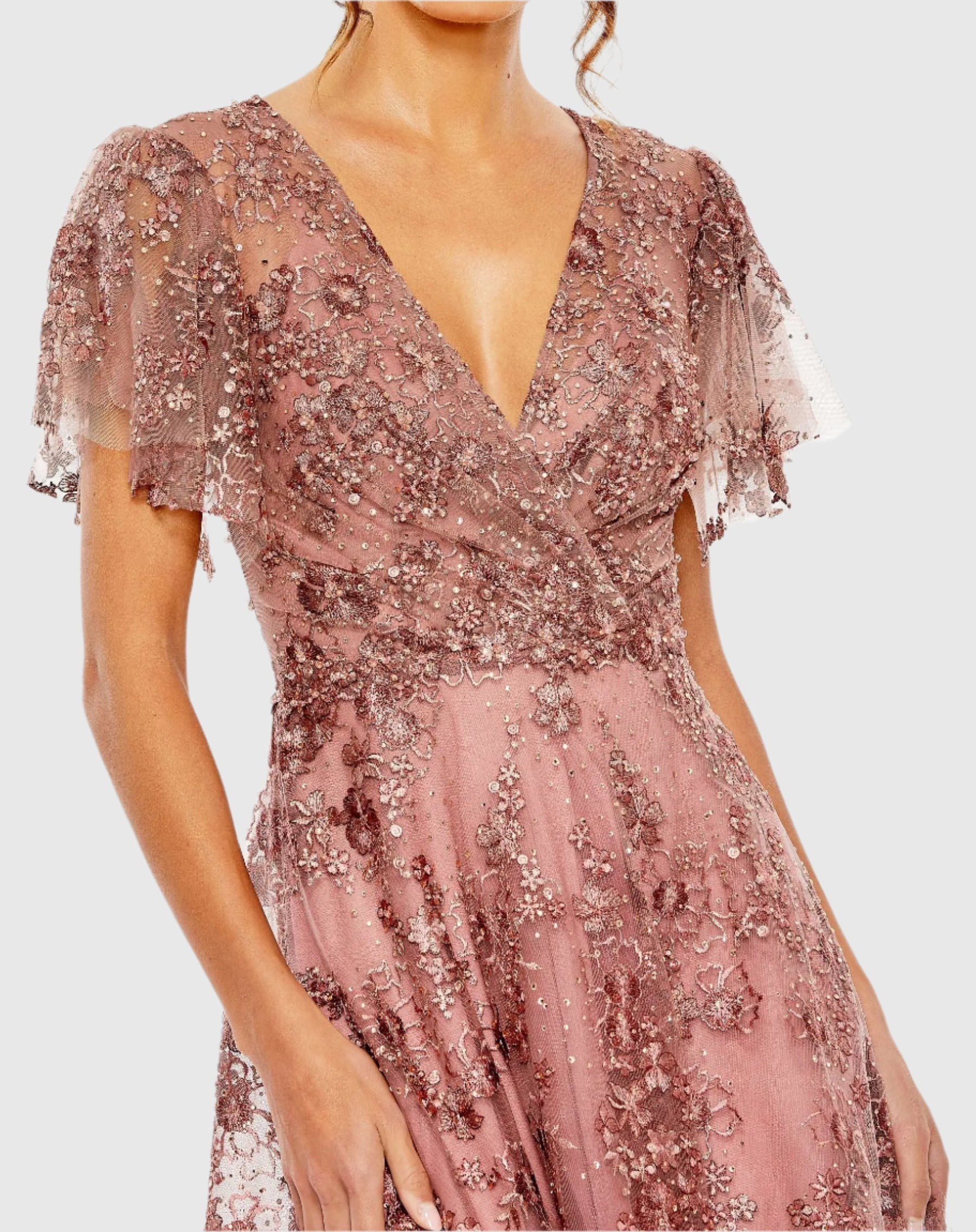 Pink Embroidered Flutter Sleeve A-Line Dress