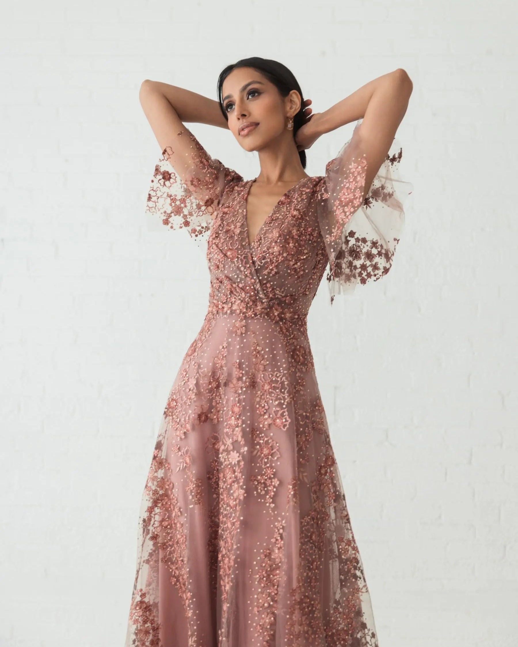 Pink Embroidered Flutter Sleeve A-Line Dress