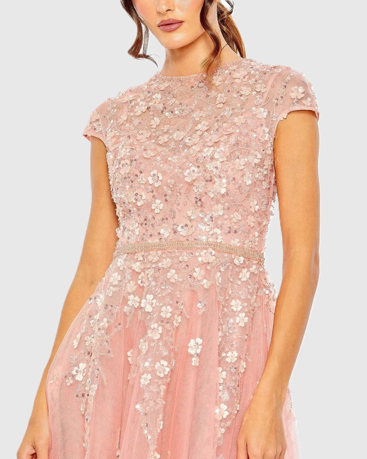 Pink High Neck Cap Sleeve Embellished A Line Gown