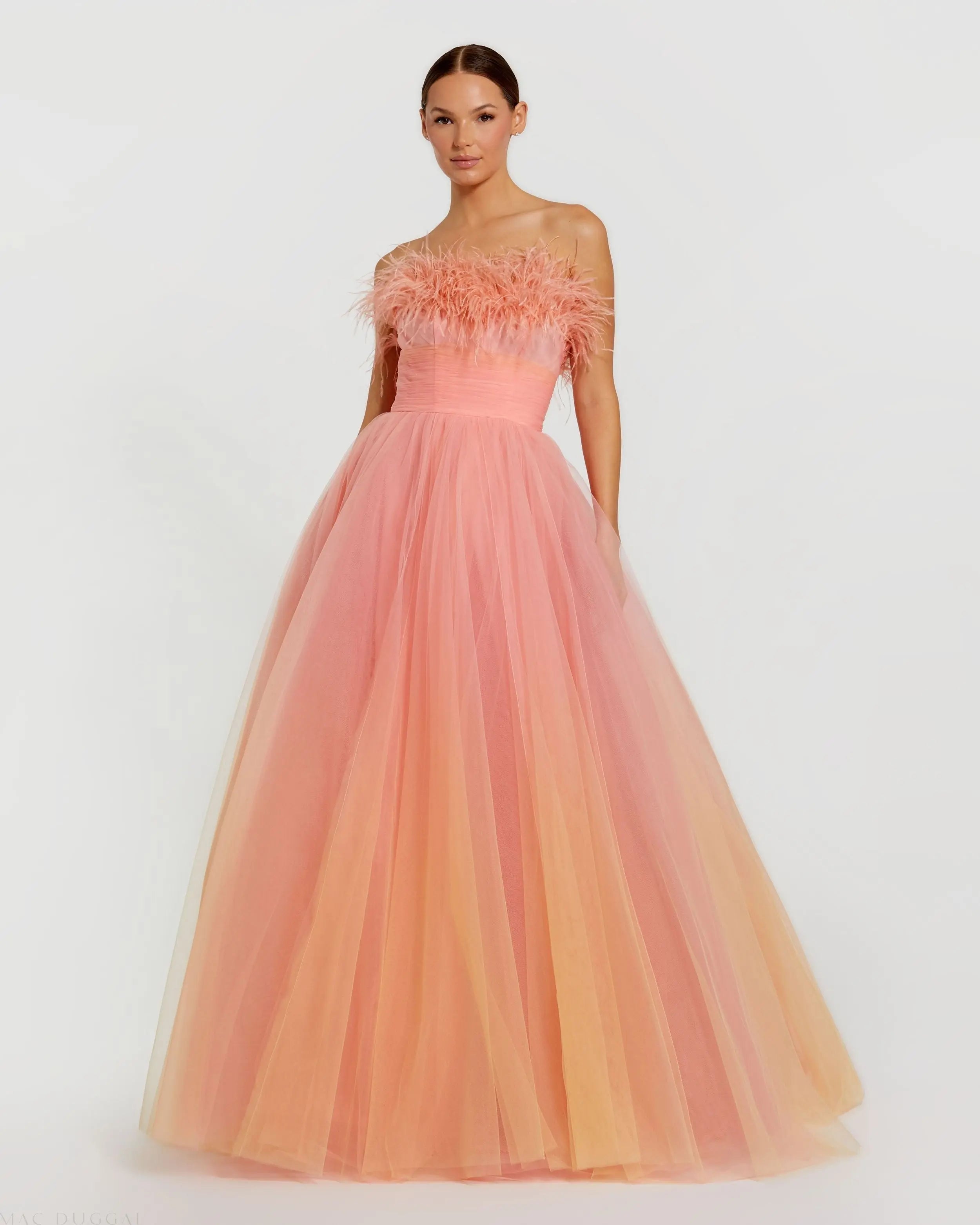 Strapless Feather Bodice Tulle Gown