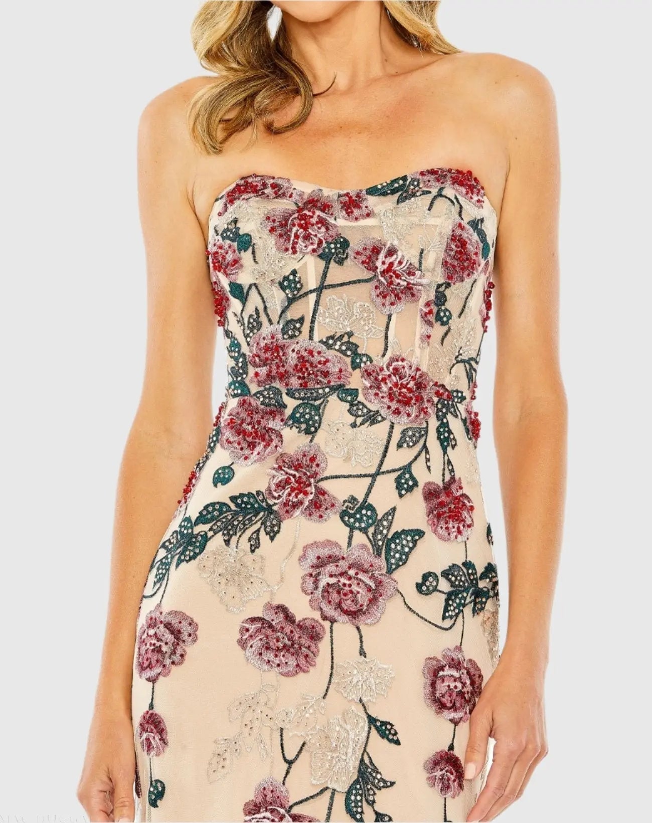 Beige Floral Embroidered Strapless Gown