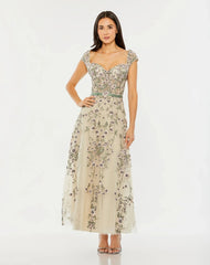 Ivory Floral Embroidered Sweetheart Neckline Midi Dress