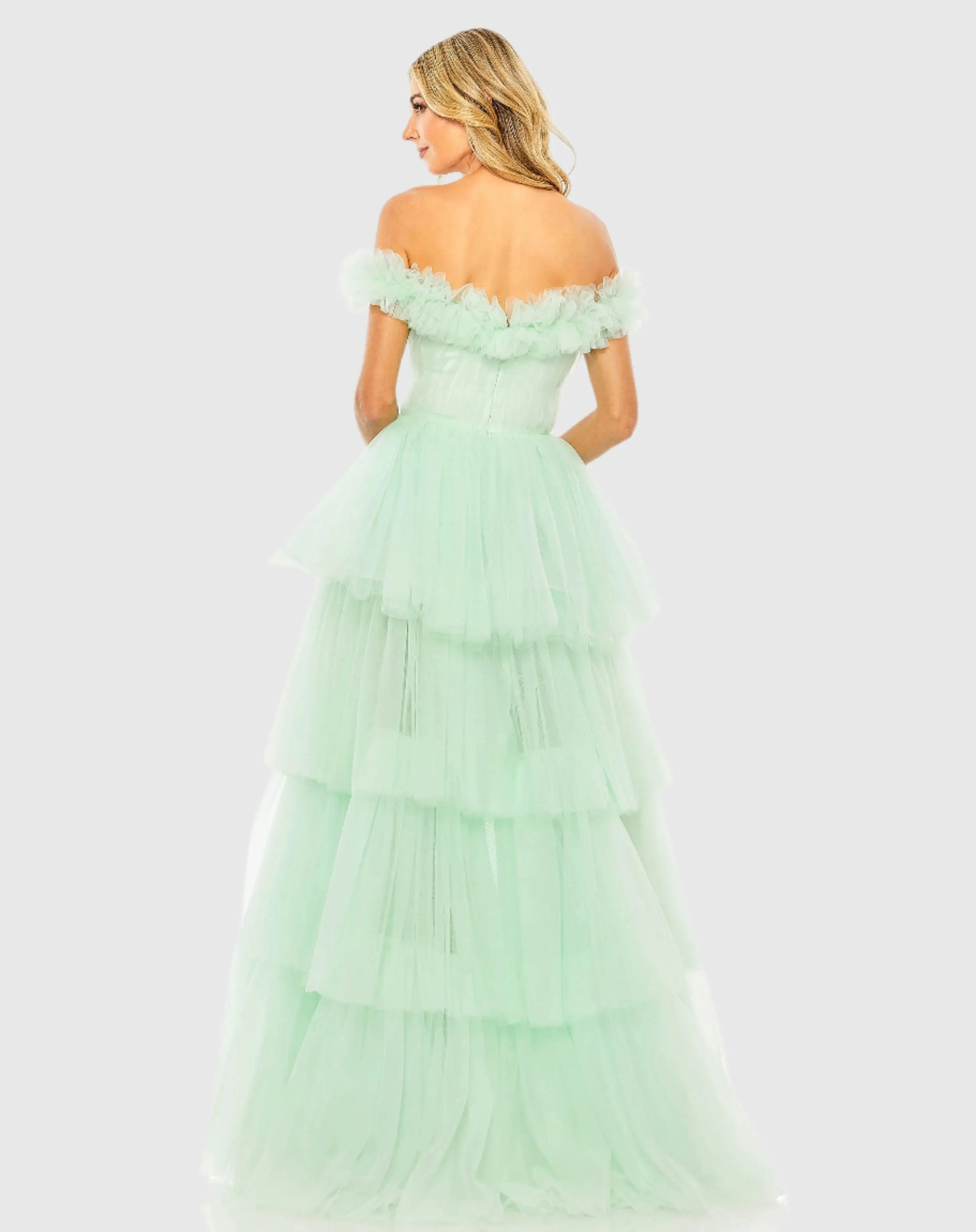 Green Off-the-Shoulder High-Low Tulle Gown