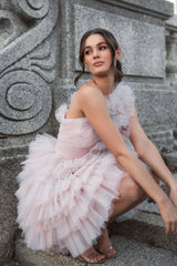 Pink Tulle Ruffle One Shoulder Mini Dress
