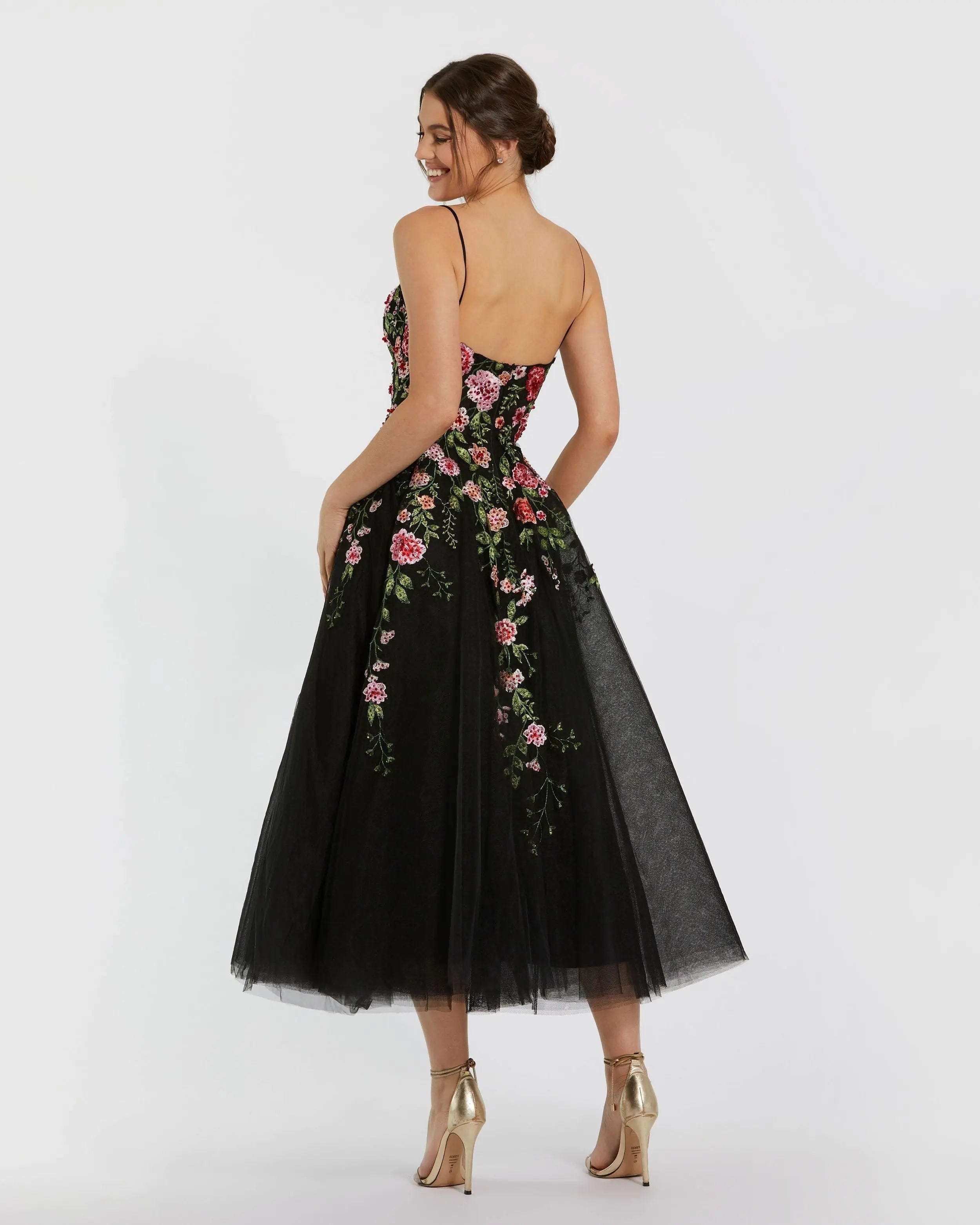 Black Multicolor Bustier Embroidered Floral A-Line Dress