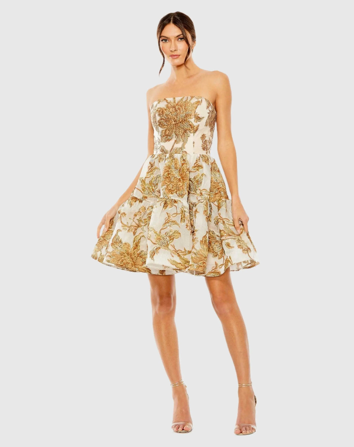 Gold Strapless Brocade Mini Dress with Pockets