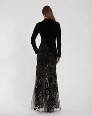 Black Long Sleeve Sheer Floral Embroidered Velvet Gown
