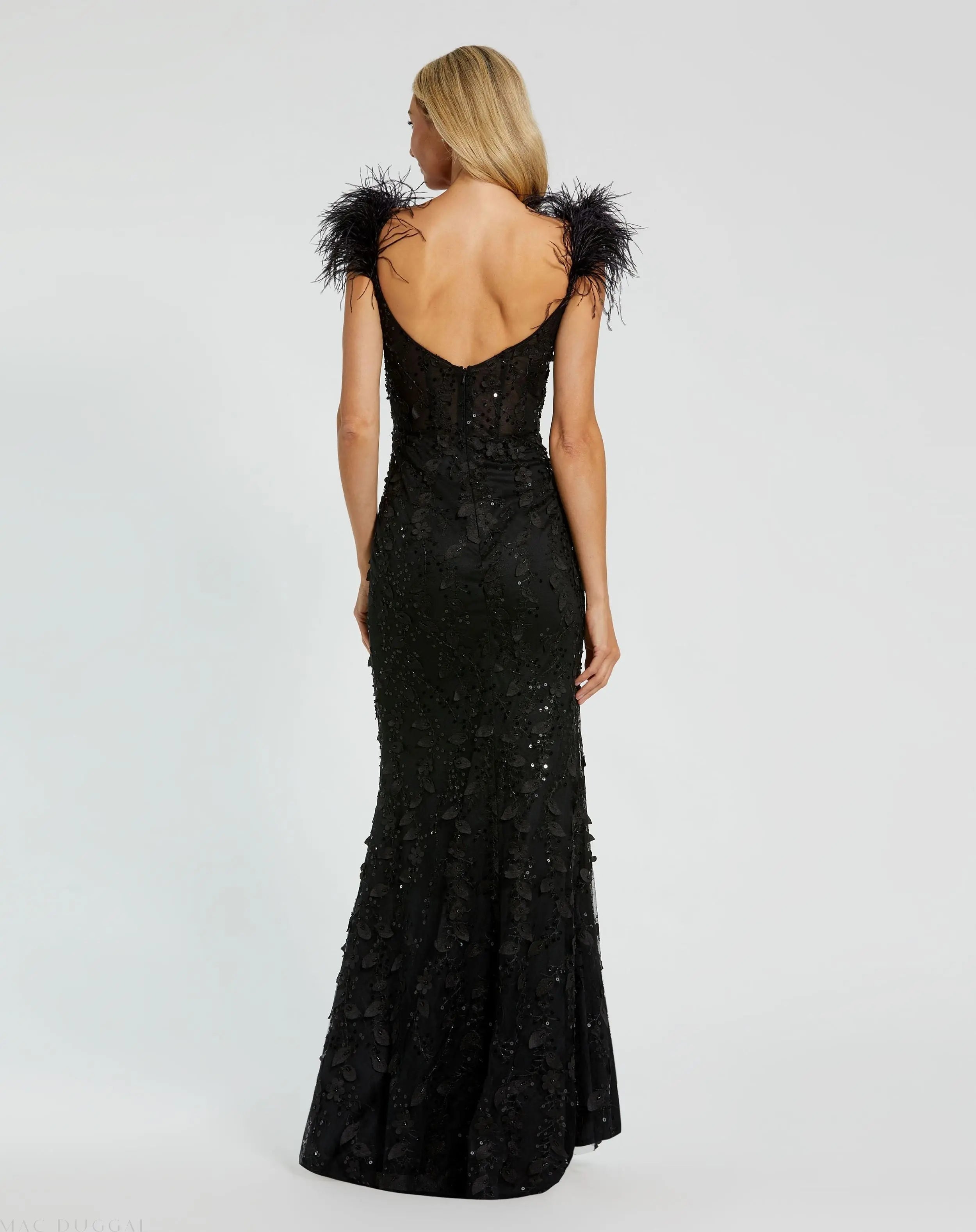 Black Sheer Applique Bustier Gown with Feather Straps
