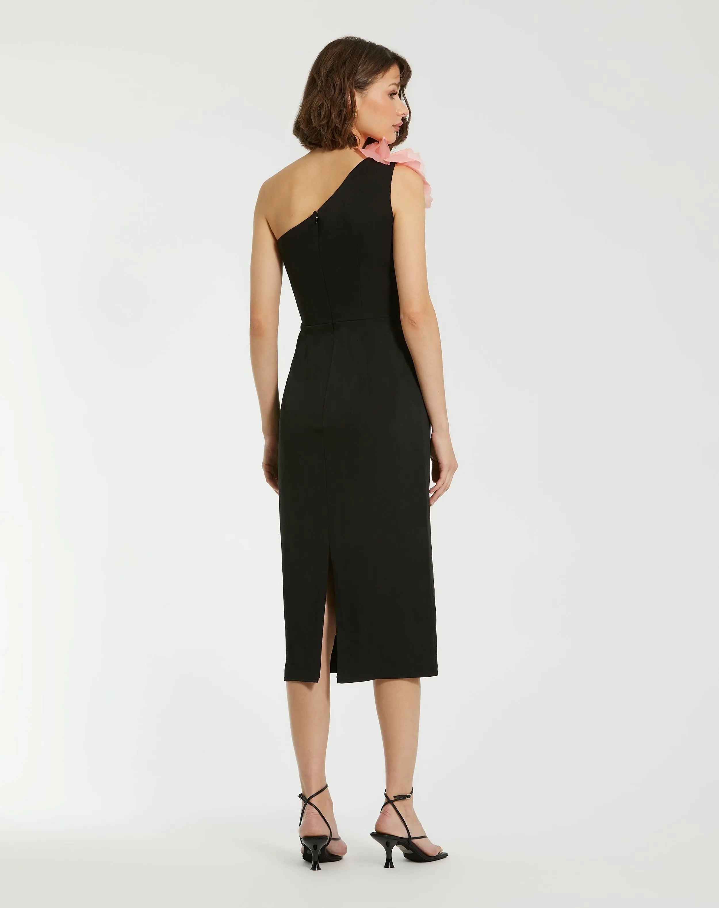 Black Crepe One Shoulder Midi Dress With Flower