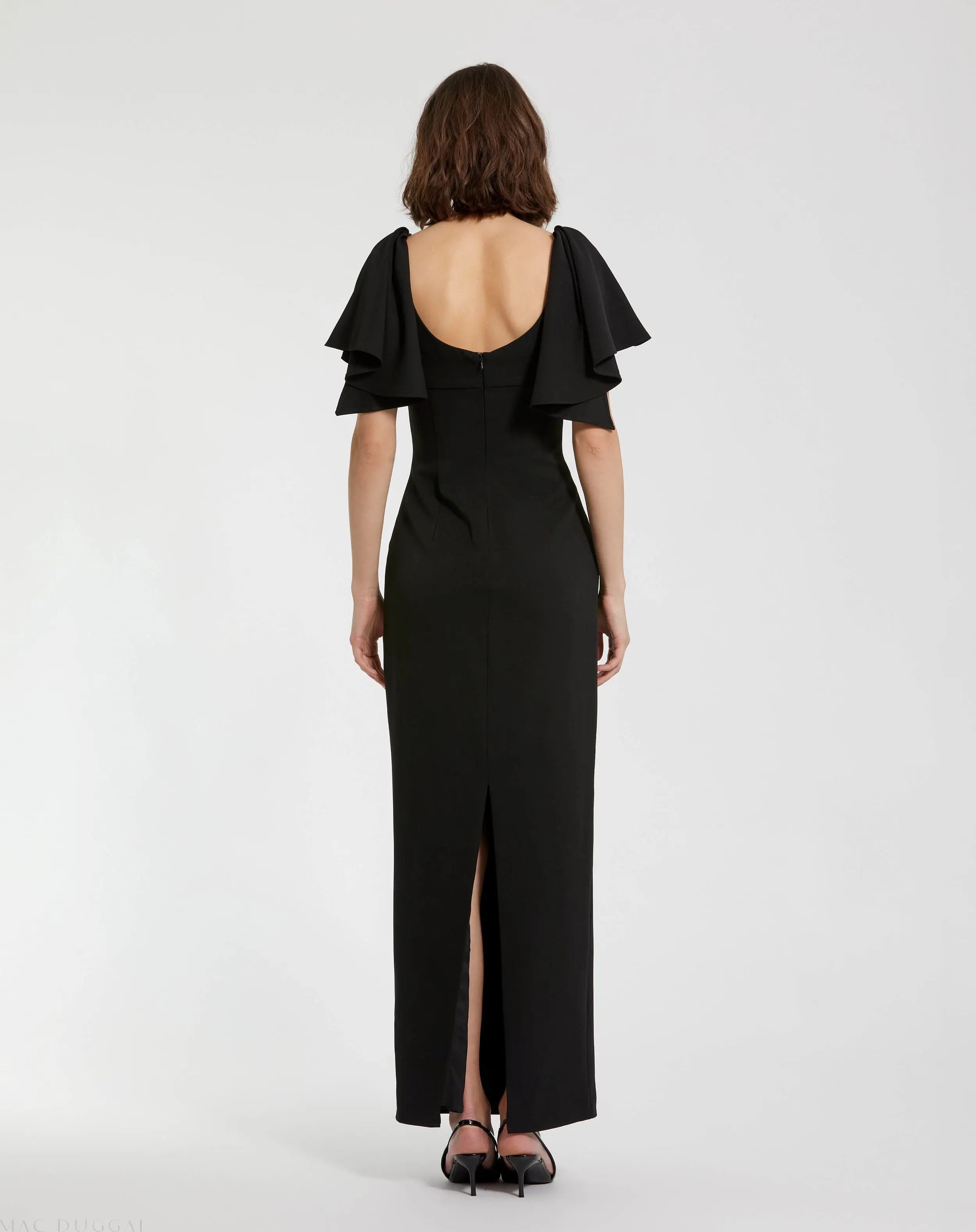 Black Crepe Fitted Long Dress With Short Ruffle Sleeves