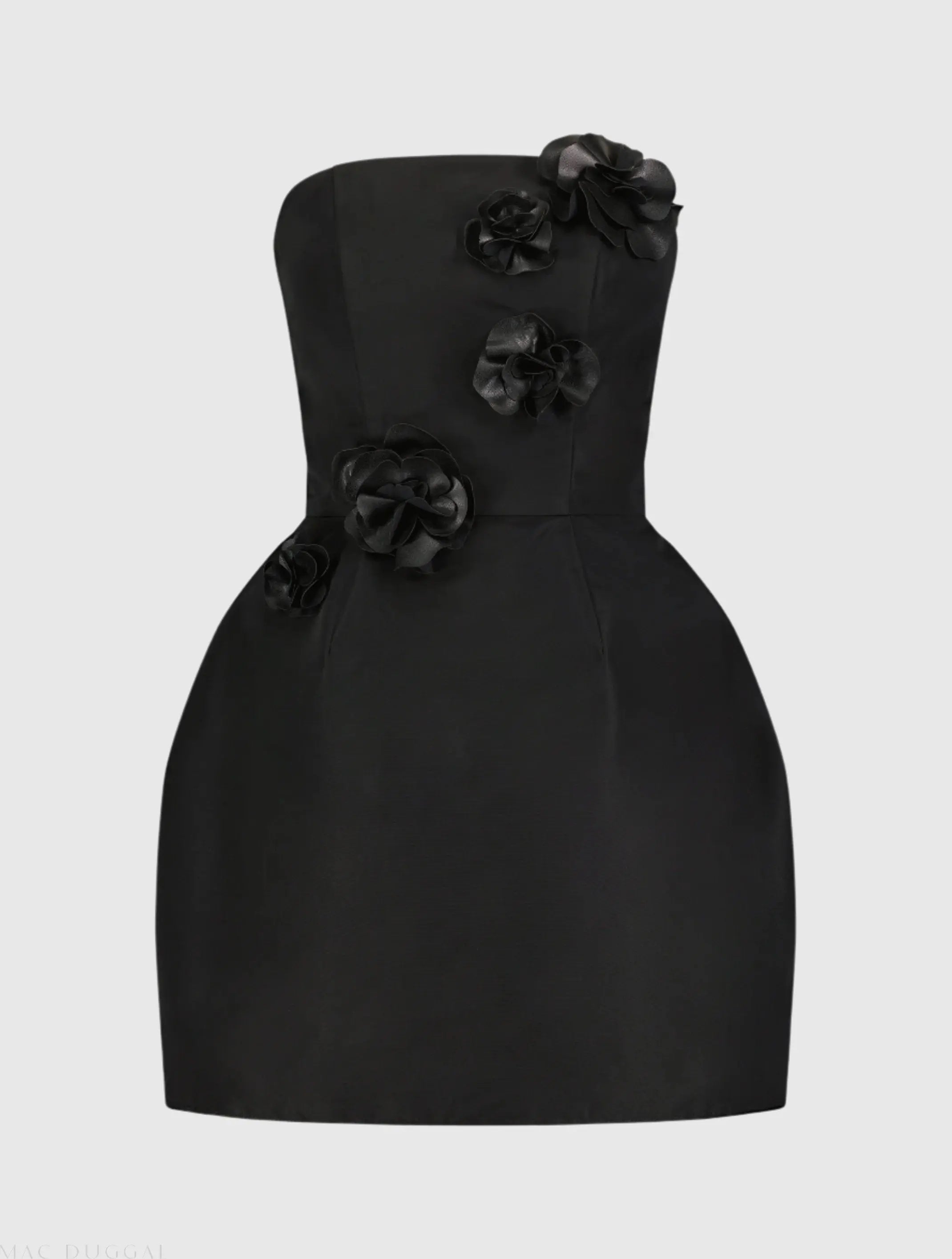Black Faille Strapless Mini Dress With 3D Flower Details