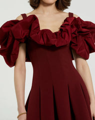 Red Crepe Godet Hem Mini Dress With Faille Ruffle