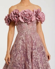 Purple Floral Embroidered Off The Shoulder A-line Gown