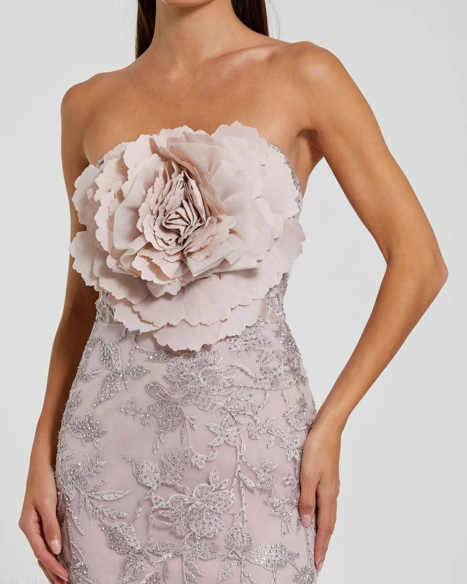 Pink Strapless Lace Embellished Trumpet Gown With 3D Flower
