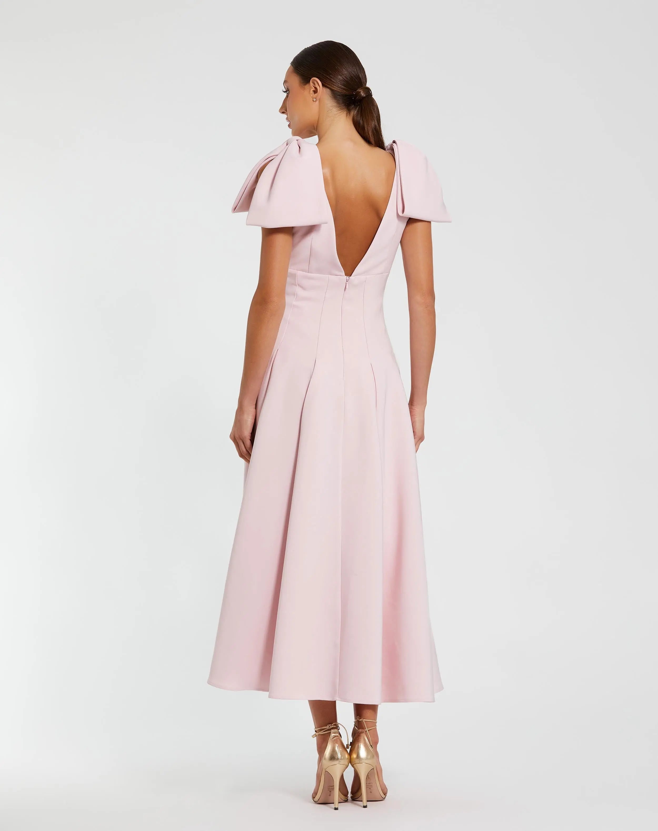 Pink Crepe A Line Midi Dress With Bow Straps