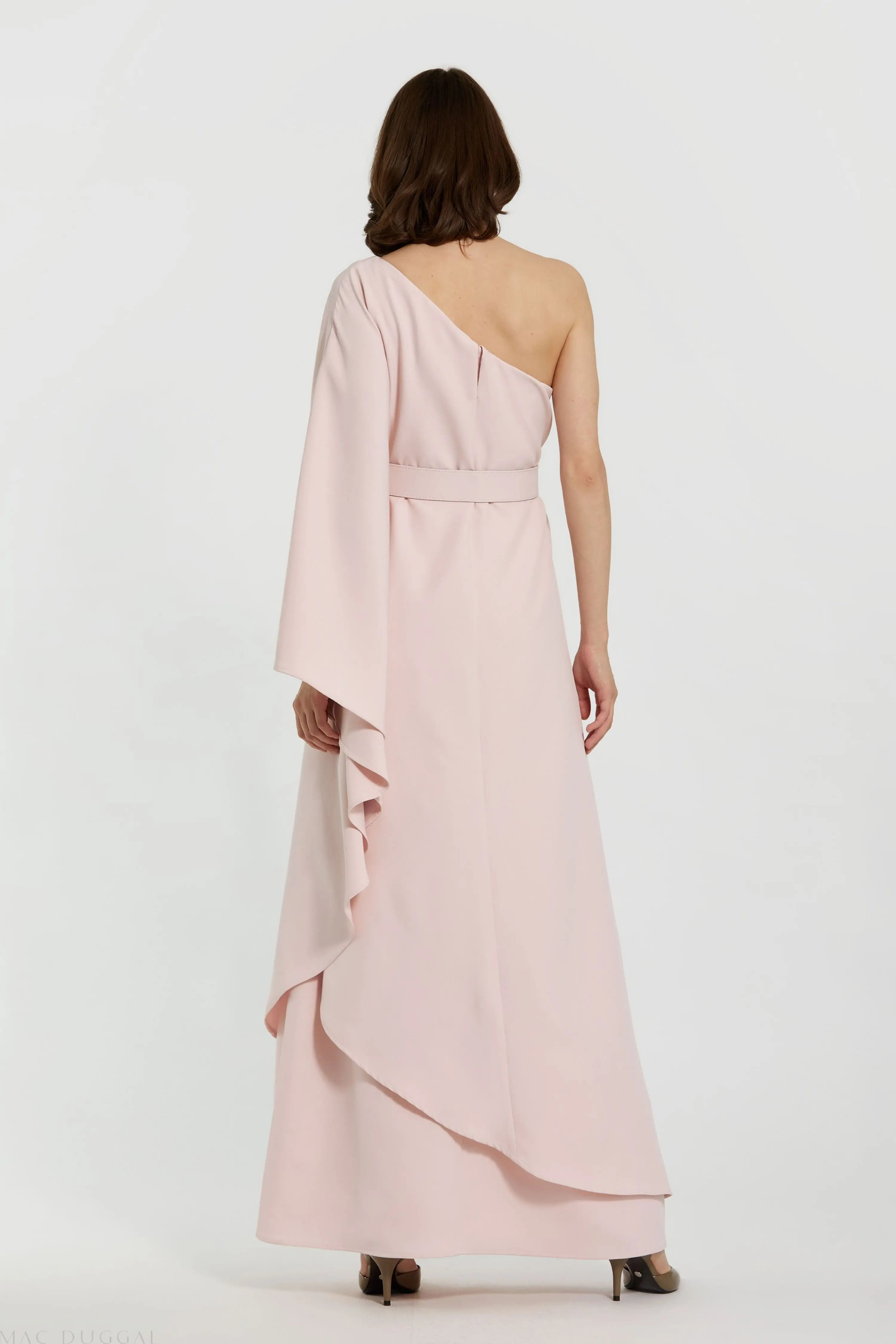 Pink Crepe One Sleeve Belted Kaftan Dress