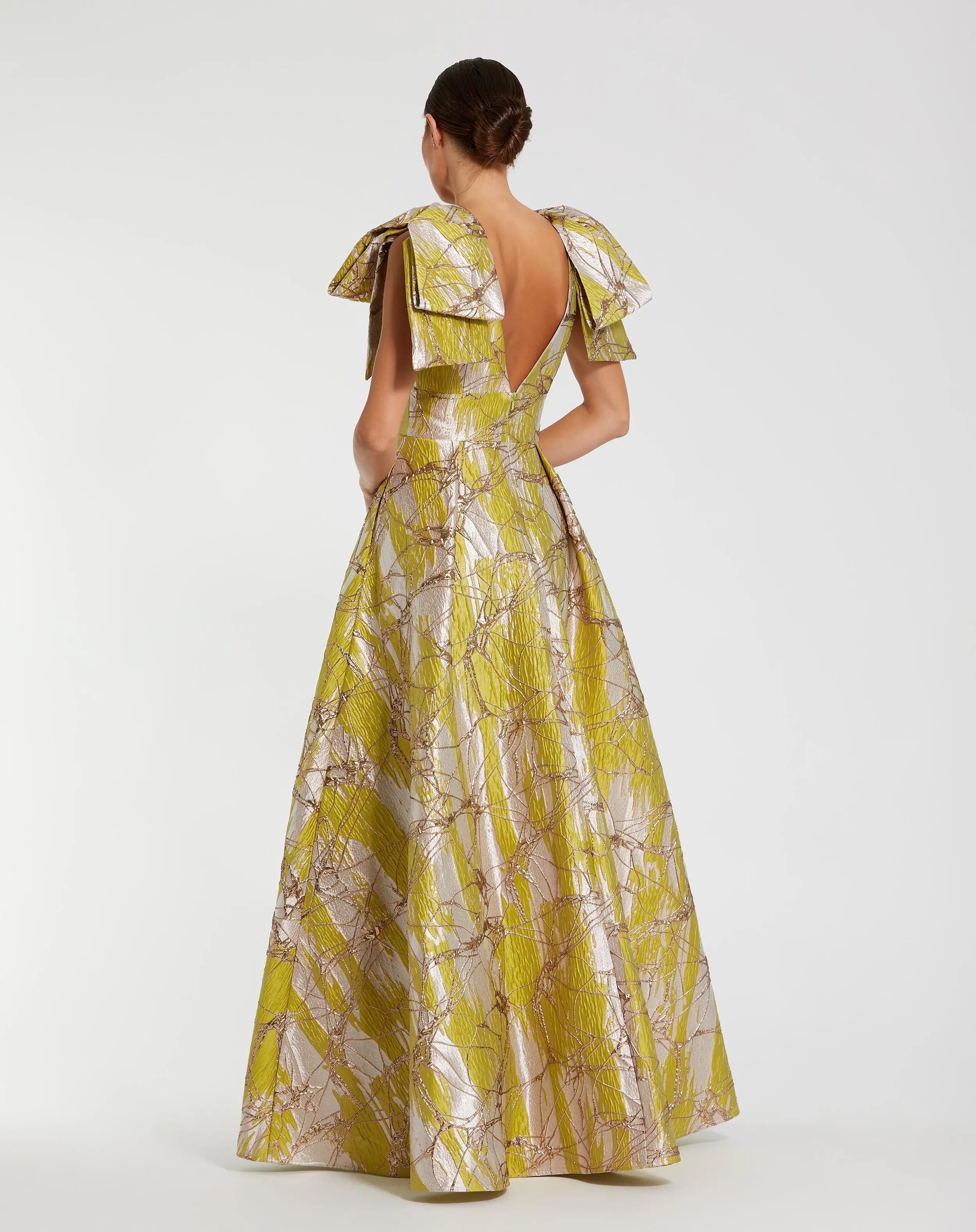 Green Layered Shoulder Bow Metallic A-Line Gown