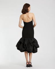 Black Crepe Strapless Midi Dress With Bubble Hem