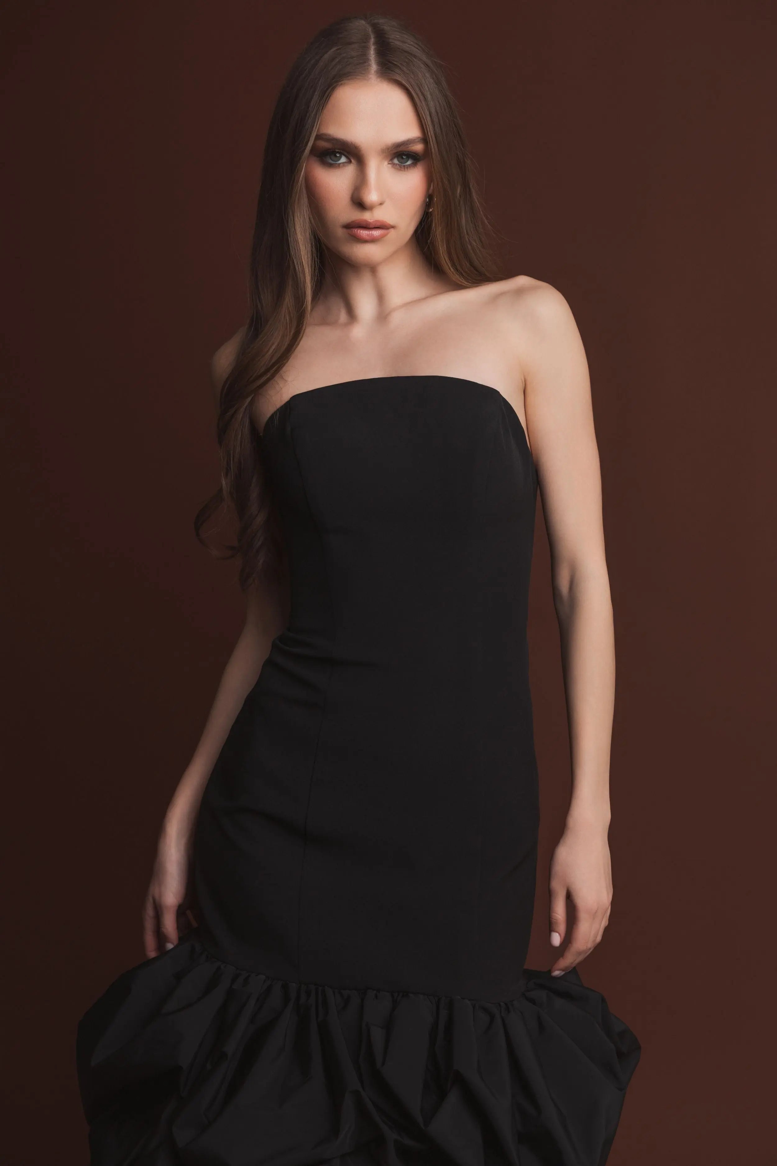 Black Crepe Strapless Midi Dress With Bubble Hem