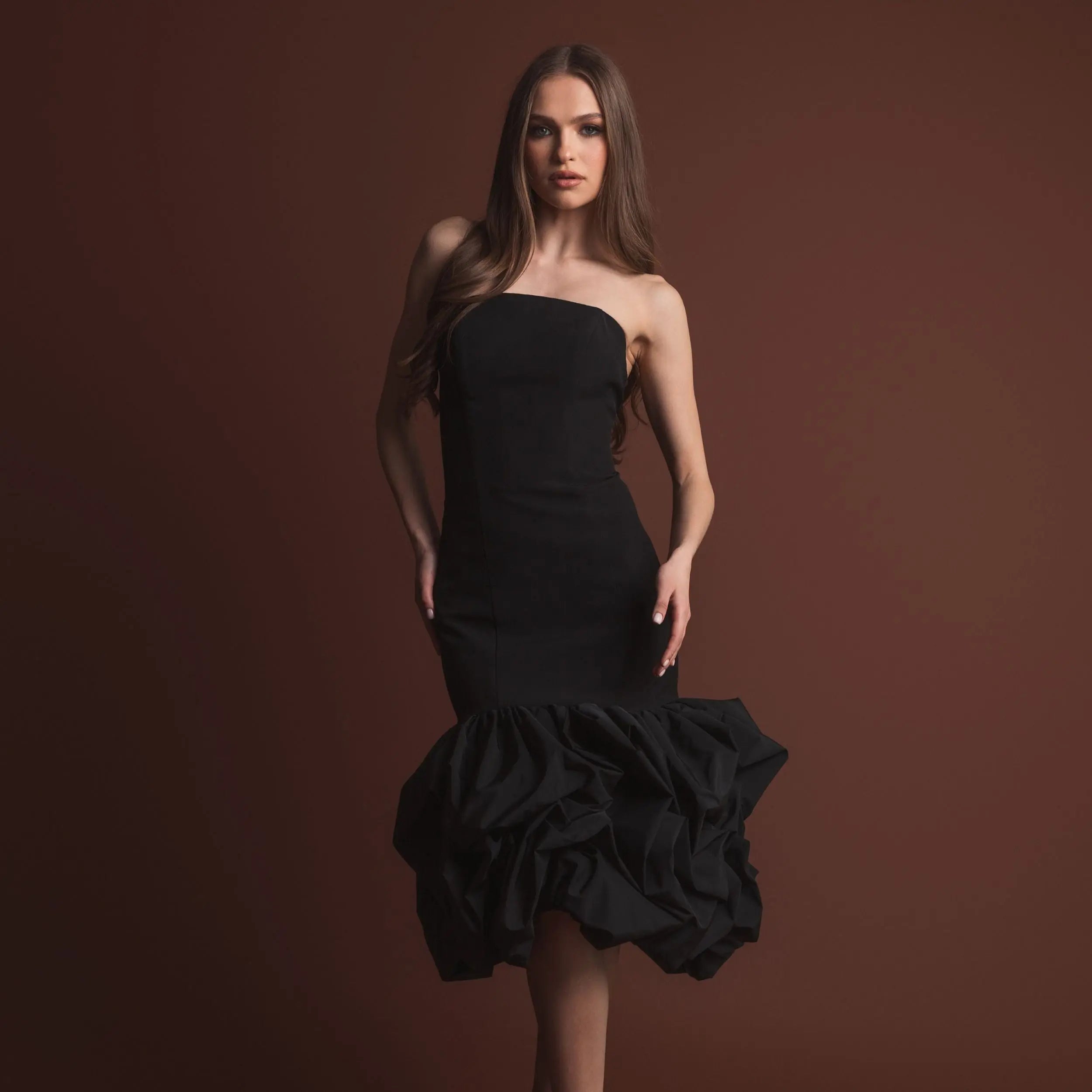 Black Crepe Strapless Midi Dress With Bubble Hem