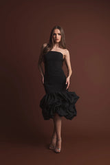 Black Crepe Strapless Midi Dress With Bubble Hem