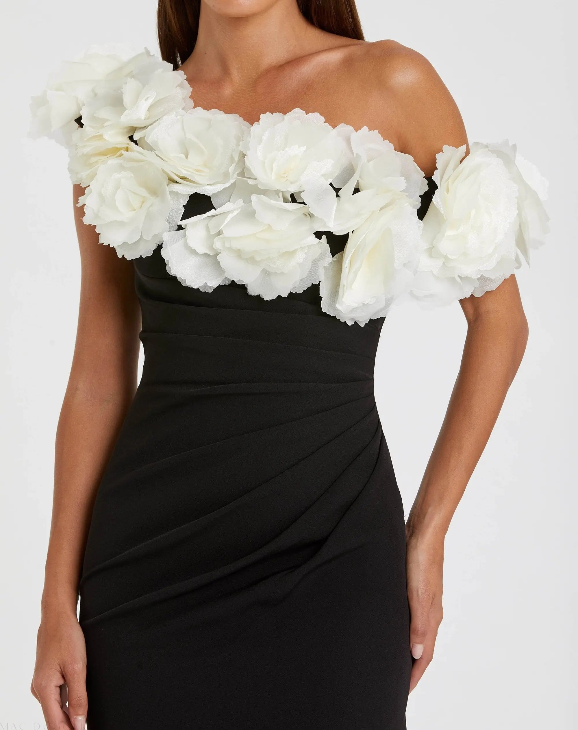 Black and White Jersey Gown With 3D Flower Off The Shoulder Detail
