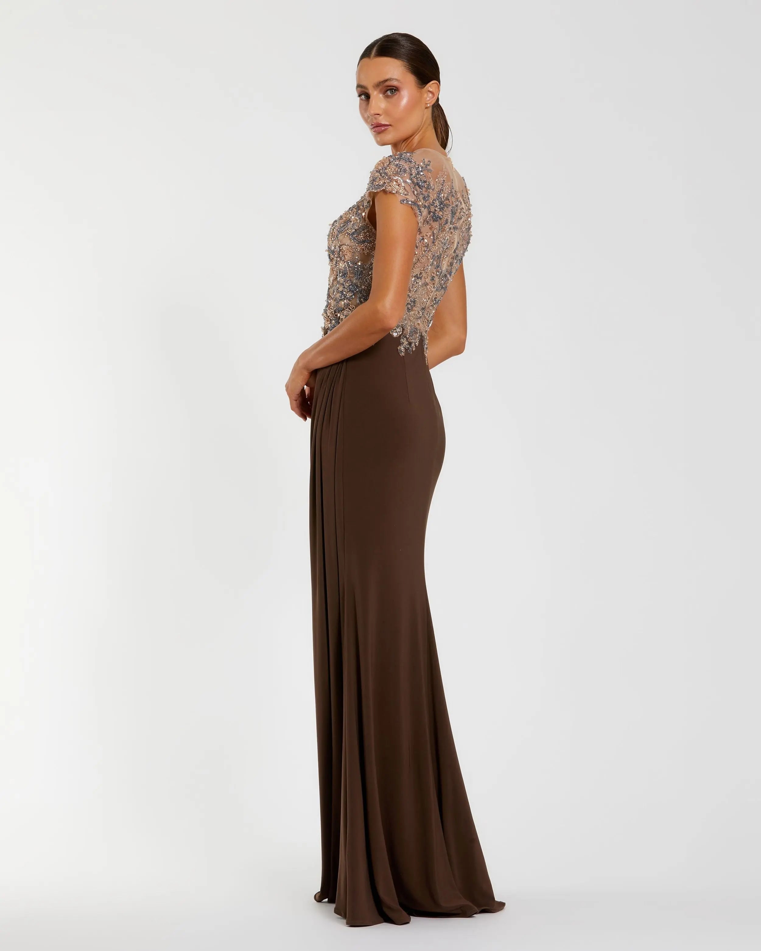 Brown Crystal Applique Embellished Jersey Gown