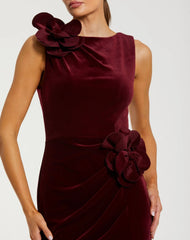 Dark Red High Neck Velvet Column Gown With 3D Flowers