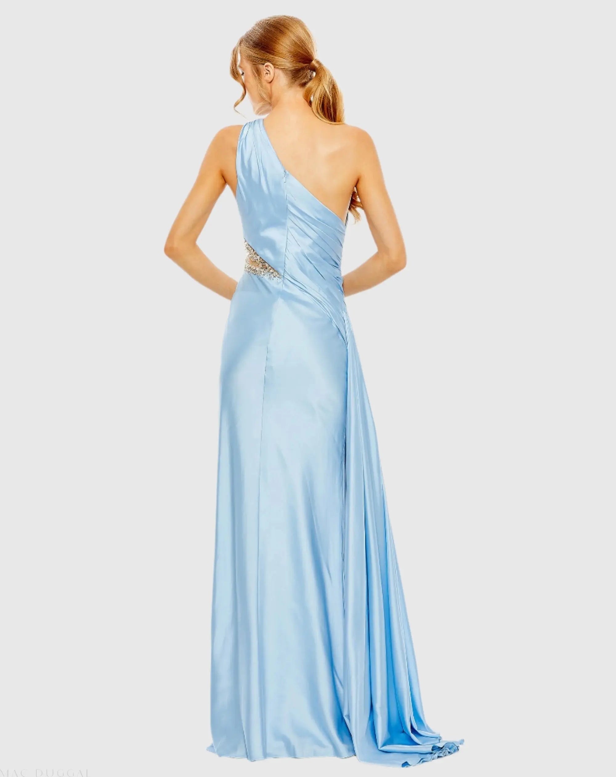 Blue One Shoulder Charmeuse Gown With Beaded Cutout