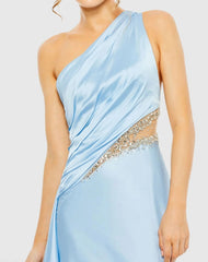 Blue One Shoulder Charmeuse Gown With Beaded Cutout
