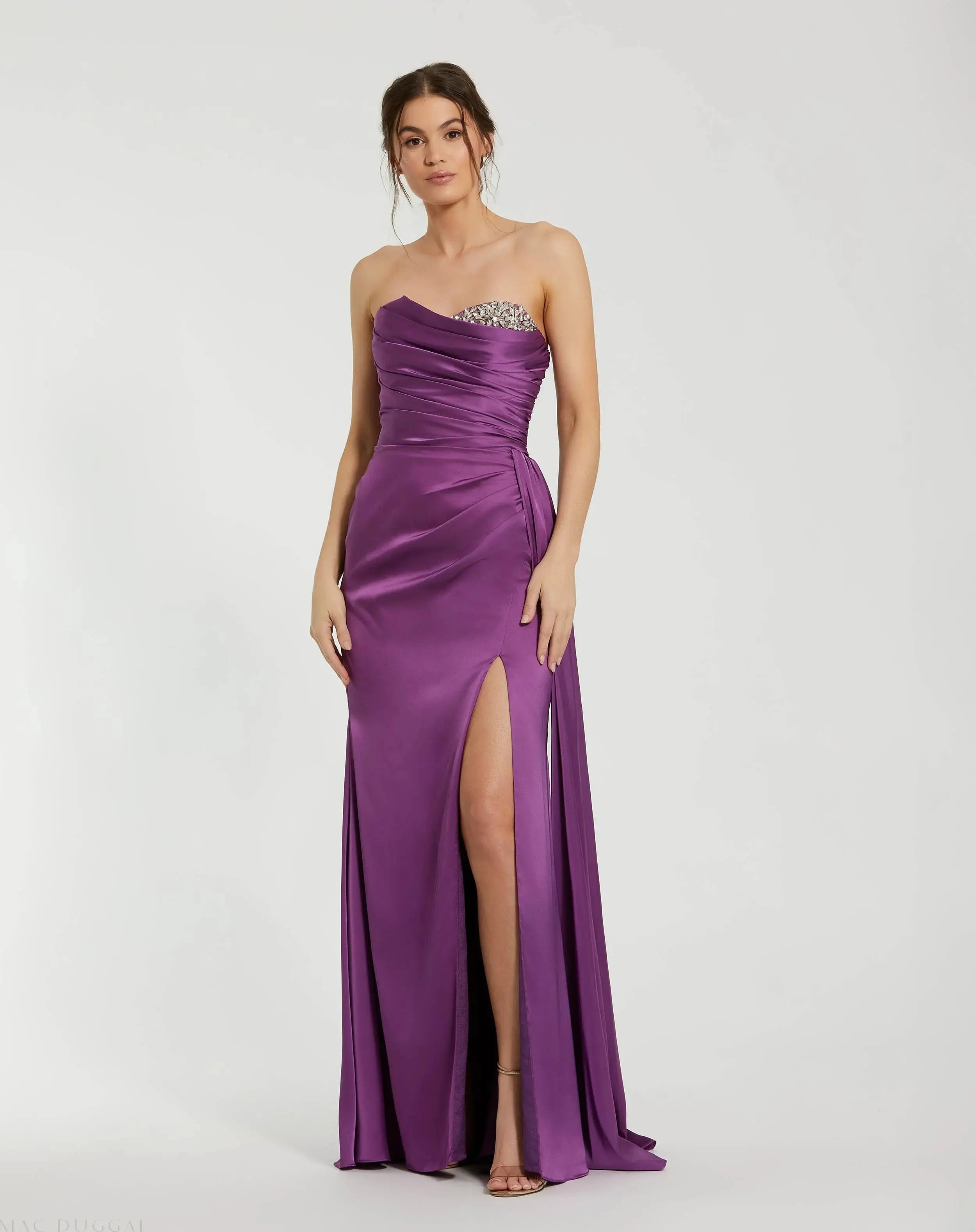 Strapless Embellished Sweetheart Neckline Satin Gown