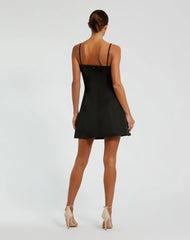 Black Sleeveless Satin A-Line Beaded Bow Mini Dress