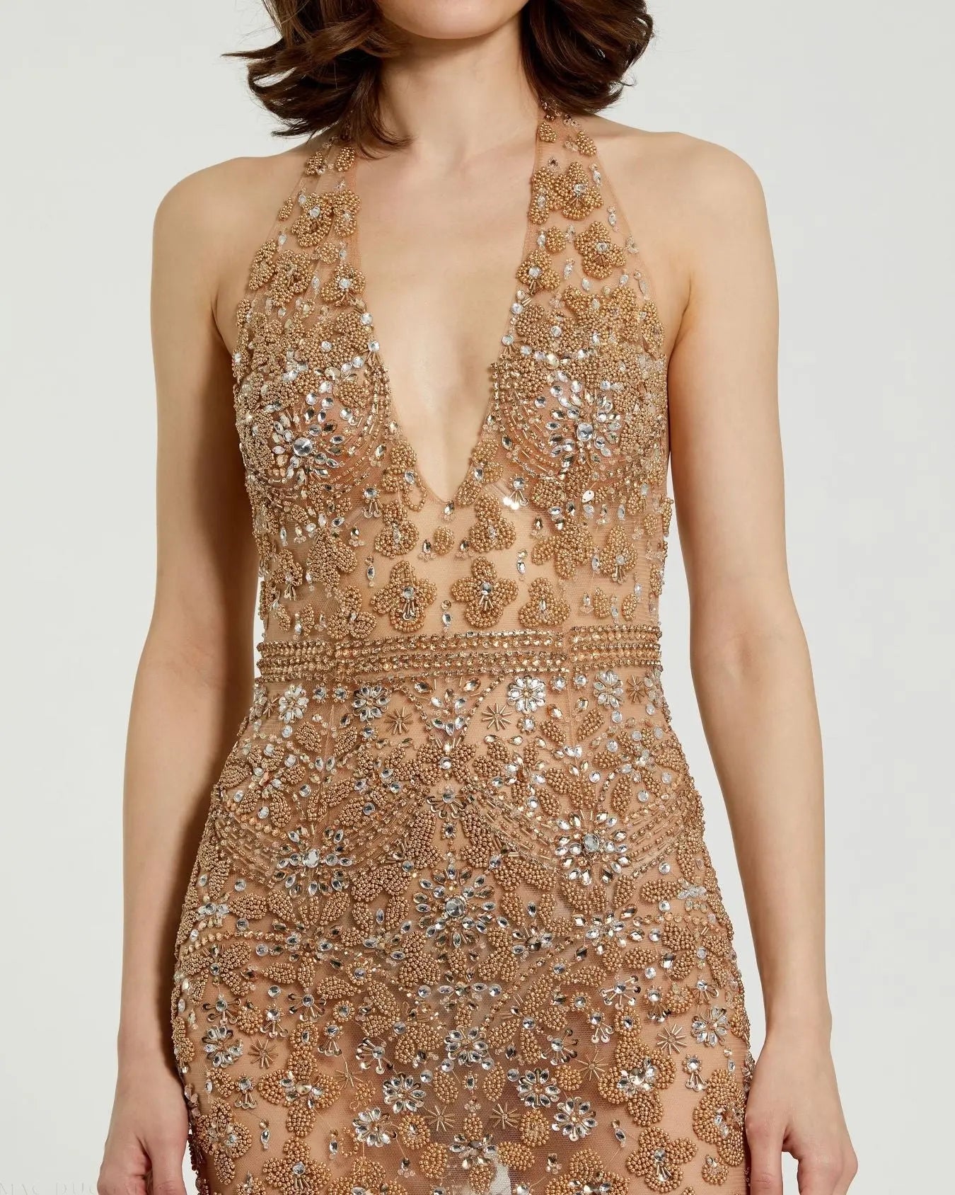Beige Halter Top Heavily Embellished Sheer Gown