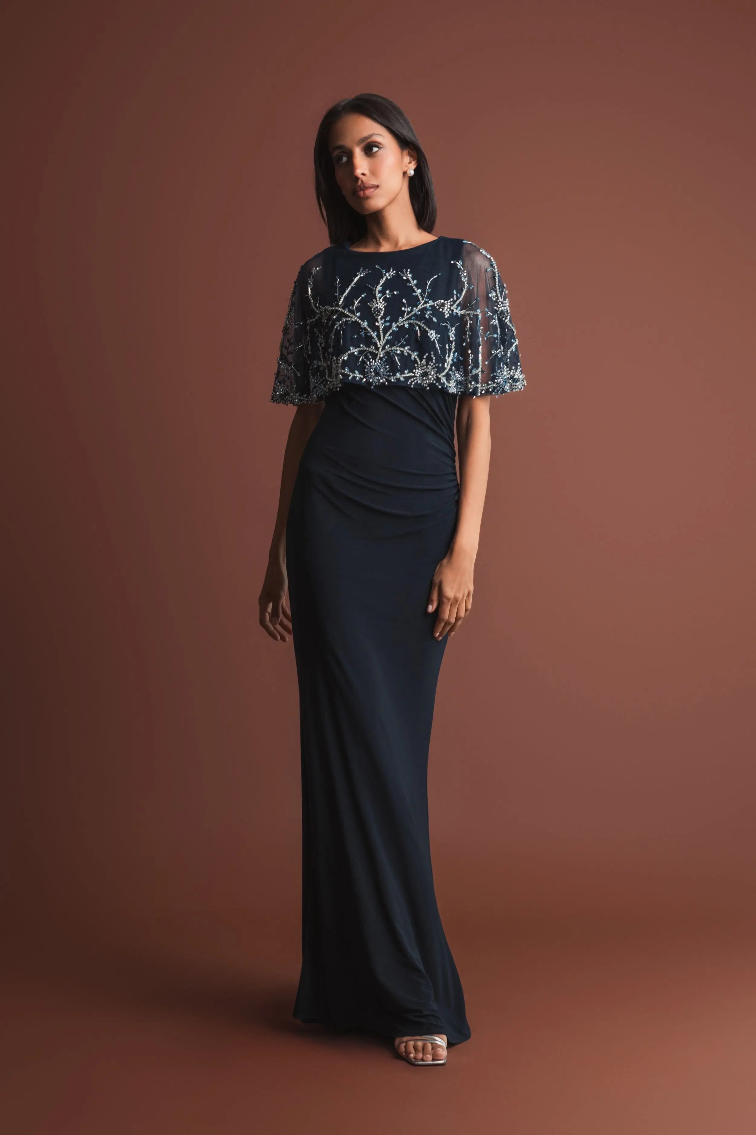 Navy Fitted Jersey Gown with Embellished Cape